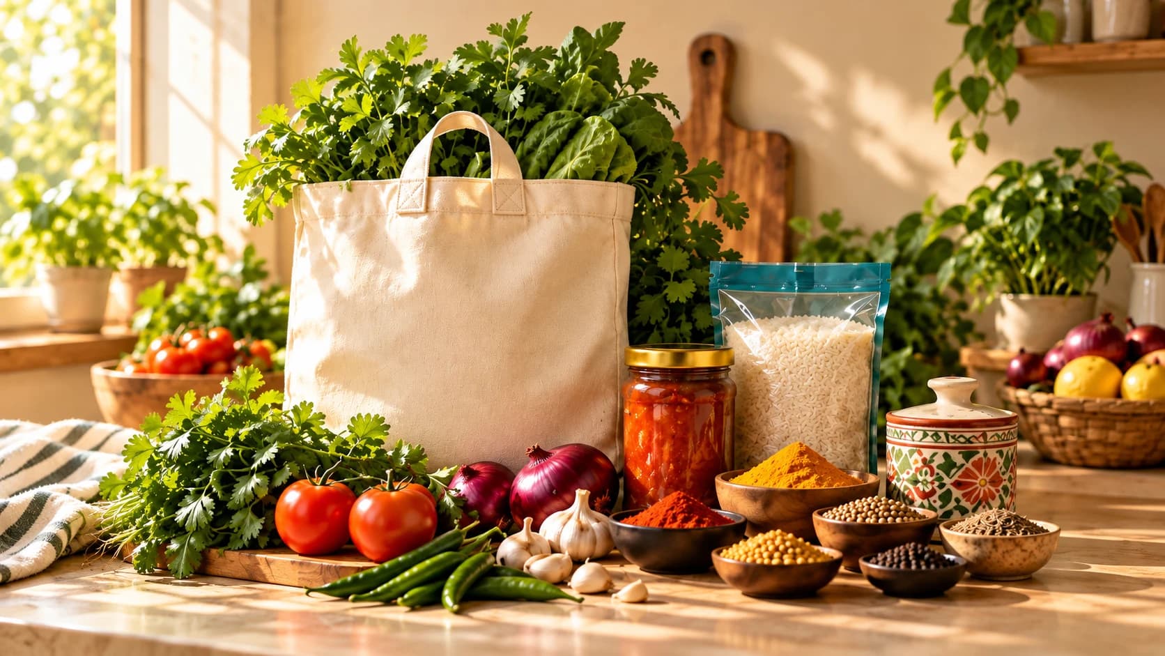 Fresh groceries, Indian pantry staples and spices arranged around a reusable grocery bag